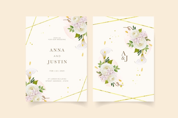 Vecteur gratuit invitation de mariage avec lys rose jaune aquarelle et fleur de renoncule