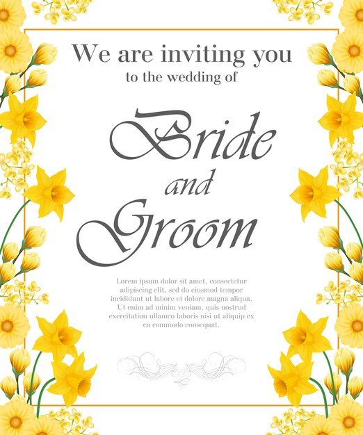 Invitation de mariage avec des narcisses jaunes et des gerberas.