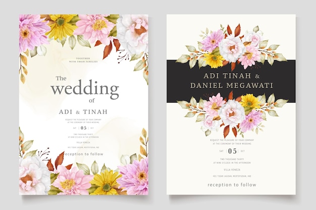 Vecteur gratuit invitation de mariage avec ornement floral et feuilles
