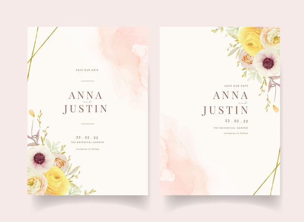 Invitation De Mariage Avec Des Renoncules Aquarelles Roses Et Des Fleurs D'anémone