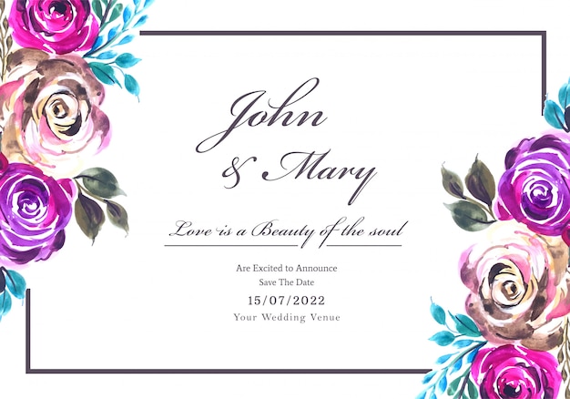 Vecteur gratuit invitation de mariage romantique avec fond de carte de fleurs colorées