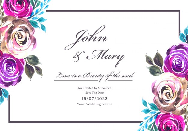 Invitation de mariage romantique avec fond de carte de fleurs colorées