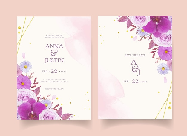 Invitation de mariage avec rose pourpre aquarelle et orchidée