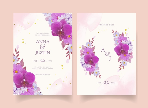 Vecteur gratuit invitation de mariage avec rose pourpre aquarelle et orchidée