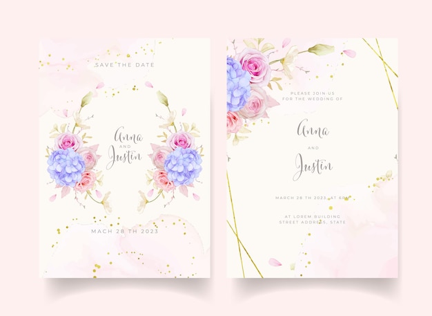 Invitation De Mariage Avec Des Roses Aquarelles Et Fleur D'hortensia Bleu