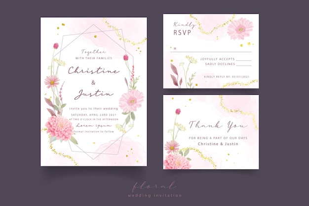 Invitation de mariage avec des roses aquarelles, des fleurs de dahlia et de gerbera