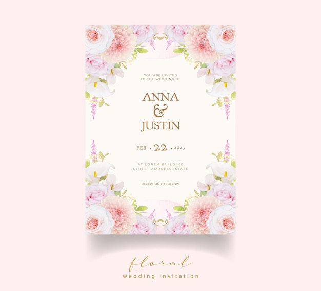 Invitation de mariage avec roses roses aquarelles et dahlia