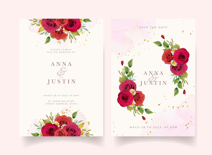 Vecteur gratuit invitation de mariage avec des roses rouges aquarelles