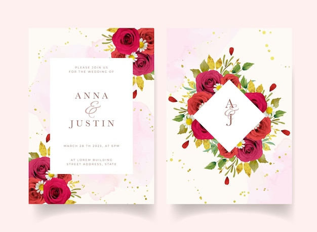 Vecteur gratuit invitation de mariage avec des roses rouges aquarelles