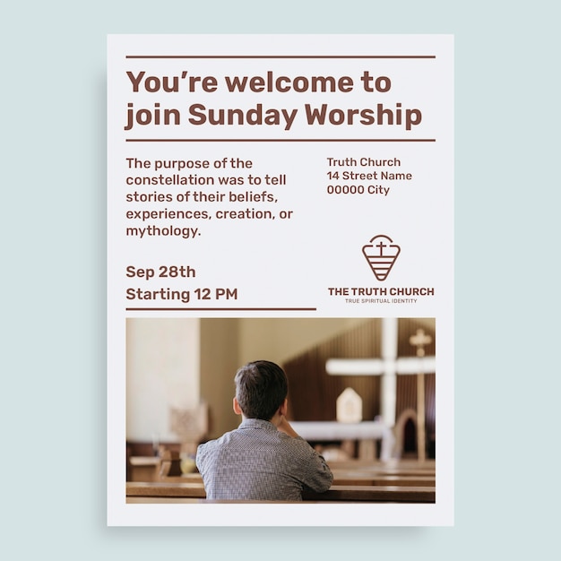 Vecteur gratuit invitation minimaliste au culte du dimanche à l'église de la vérité