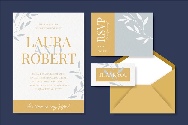 Vecteur gratuit invitation de papeterie de mariage et cartes avec enveloppe