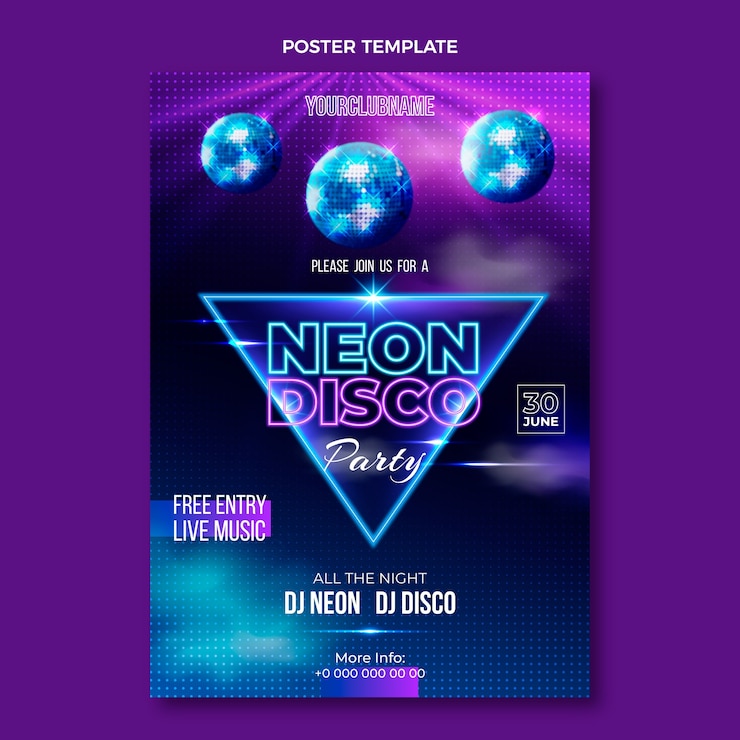 Vecteur gratuit invitation réaliste à une soirée disco au néon