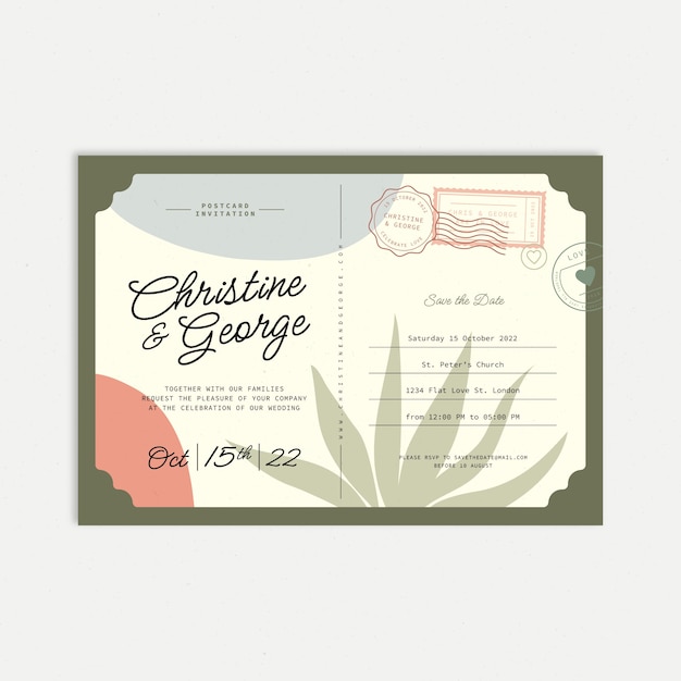 Invitations de mariage de carte postale design plat