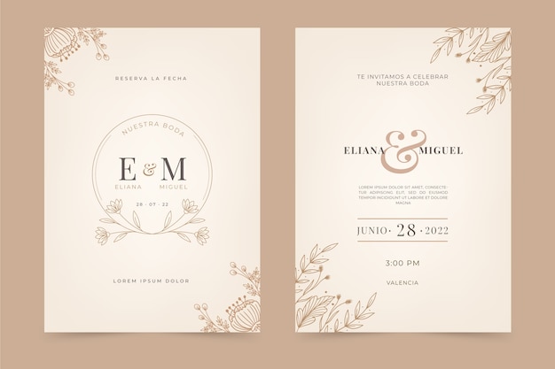 Vecteur gratuit invitations de mariage design plat dessinés à la main en espagnol