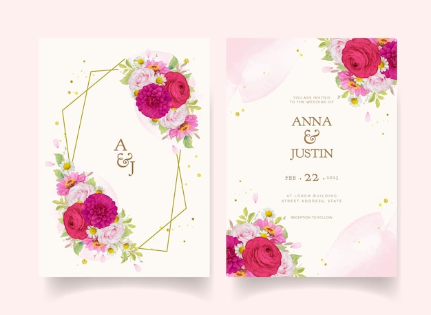 Vecteur gratuit invitations de mariage élégantes avec des fleurs aquarelles rose foncé