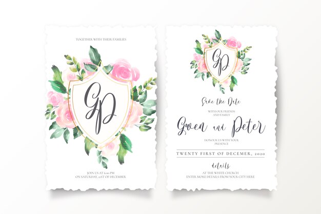 Vecteur gratuit invitations de mariage floral avec emblème et monogramme