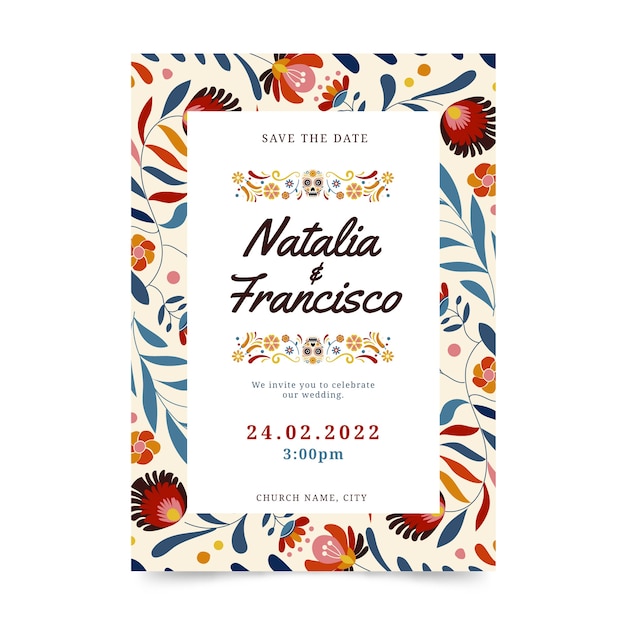 Vecteur gratuit invitations de mariage mexicain design plat dessinés à la main