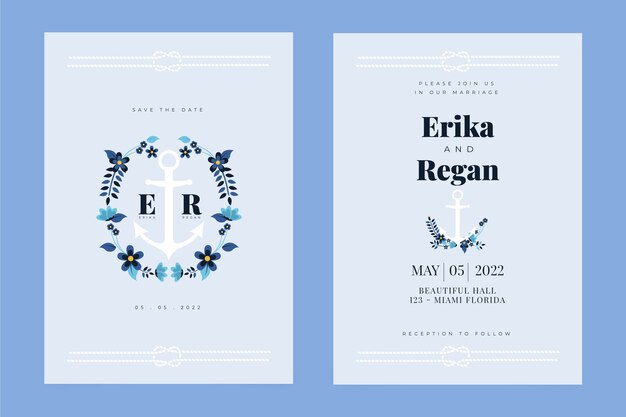 Invitations de mariage nautique design plat dessinés à la main