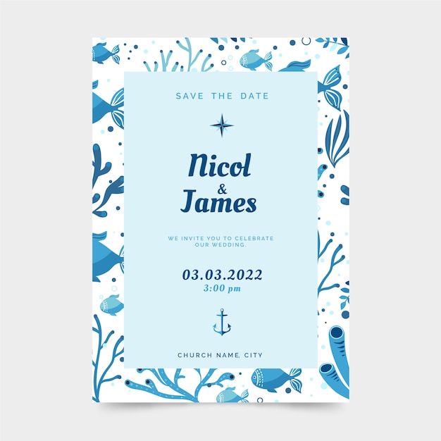 Invitations de mariage nautique design plat dessinés à la main