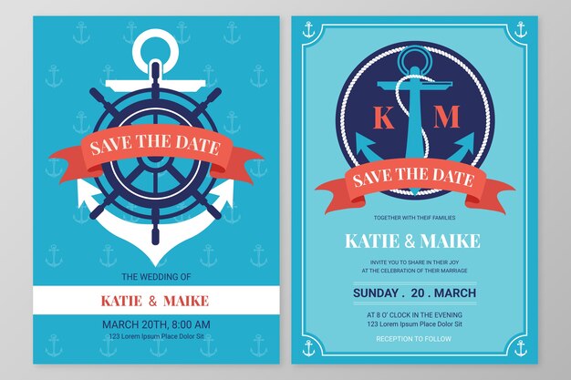 Invitations de mariage nautique design plat