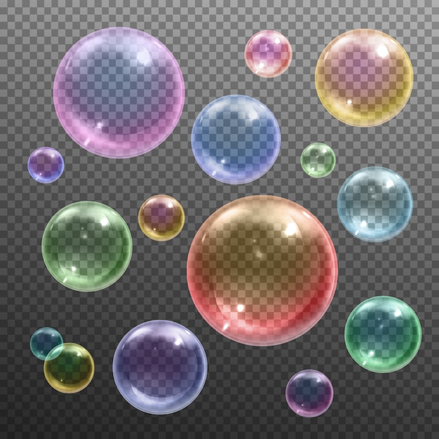 Vecteur gratuit irisé couleur brillante différentes tailles rondes bulles de savon flottant contre foncé transparent réaliste