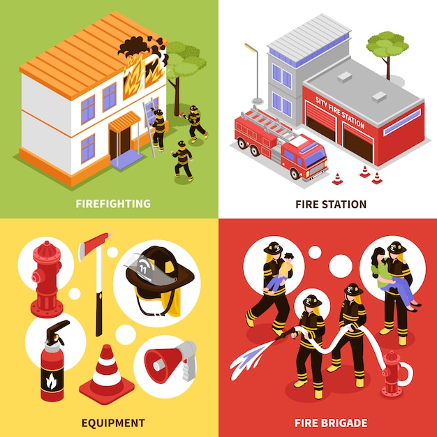 Vecteur gratuit isometric firefighter 2x2 concept