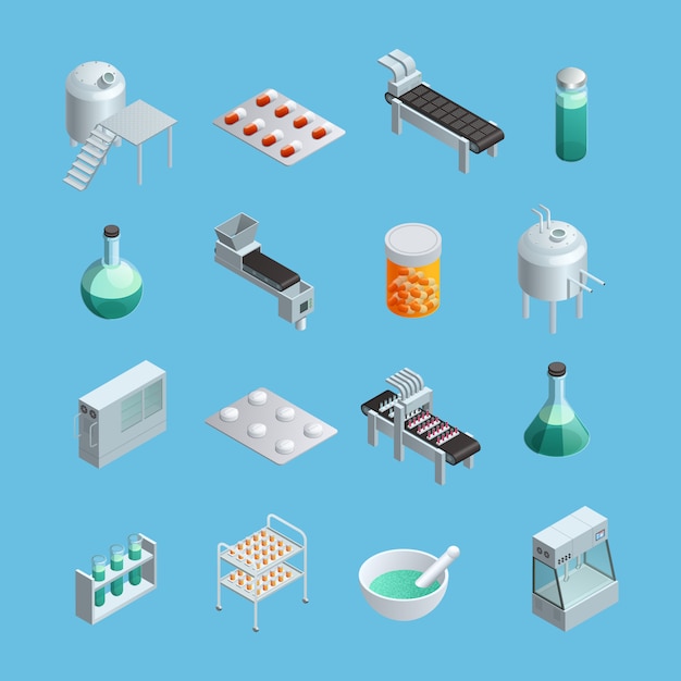 Isométrique icônes définies de différents éléments de production pharmaceutique