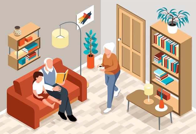 Isométrique Personnes âgées Grands-parents Composition Couple âgé Passer Du Temps Avec Leur Petit-fils Dans Leur Appartement Illustration Vectorielle