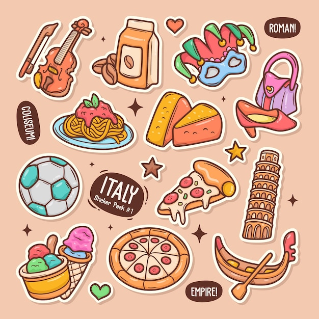 Vecteur gratuit italie cute doodle vector sticker collection