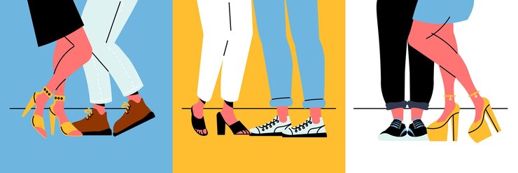 Vecteur gratuit jambes masculines et féminines portant des baskets et des chaussures à talons hauts illustration vectorielle isolée plate