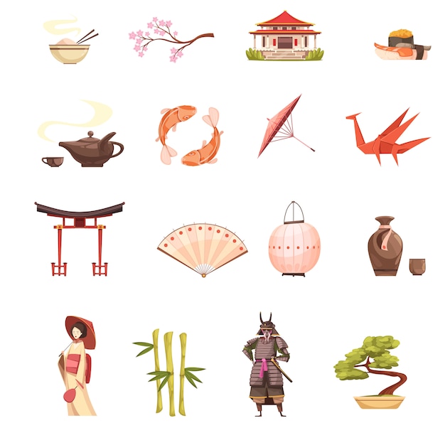 Japon icônes de dessin animé rétro sertie de sanctuaire sakura geisha samurai origami bonsaï et bambou