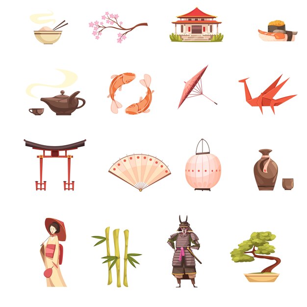 Japon icônes de dessin animé rétro sertie de sanctuaire sakura geisha samurai origami bonsaï et bambou