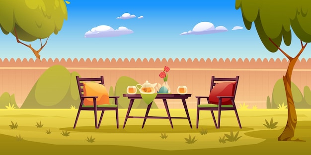 Jardin d'arrière-cour avec table servie, théière, tasses, fleurs et chaises avec oreillers moelleux. chalet coin barbecue avec clôture et arbres. petit-déjeuner du matin d'été au parc de la maison, illustration vectorielle de dessin animé
