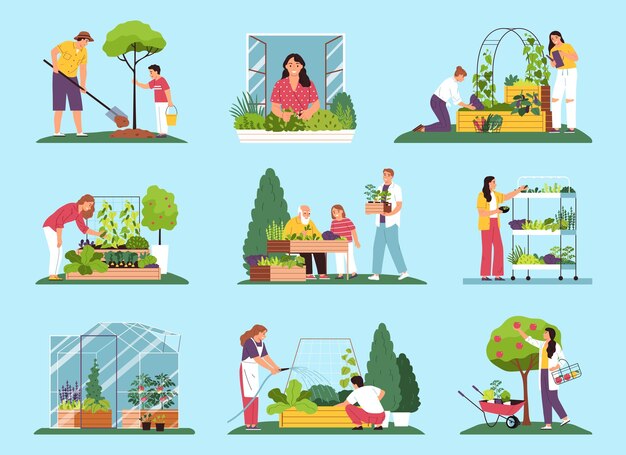 Jardin communautaire jeu de couleurs plates de personnes engagées dans l'aménagement paysager de la ville parc de rue café zone de loisirs illustration vectorielle isolée