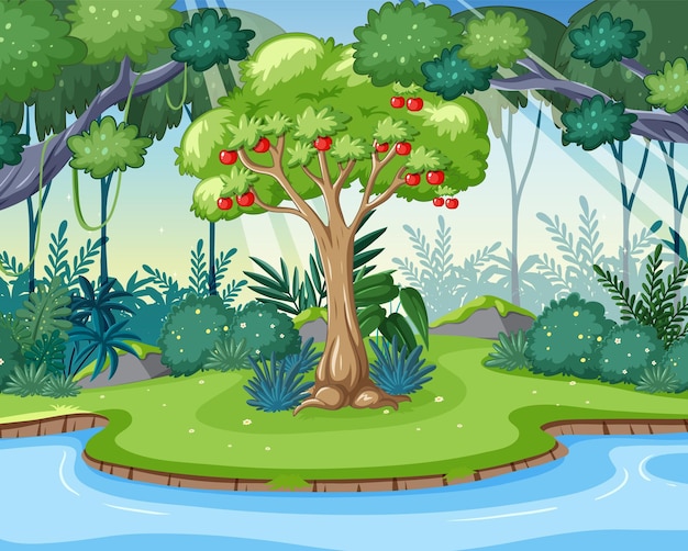 Vecteur gratuit jardin d'eden un paradis luxuriant avec un pommier central