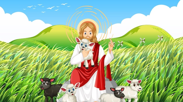 Jésus Et Les Animaux Dans La Scène Du Pré