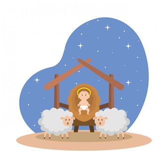 Jésus bébé dans l'écurie avec des moutons