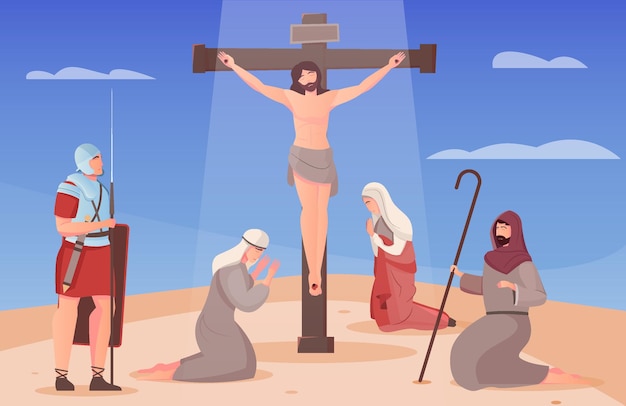 Vecteur gratuit jésus-christ crucifié sur la croix et les gens à genoux autour de lui illustration plate