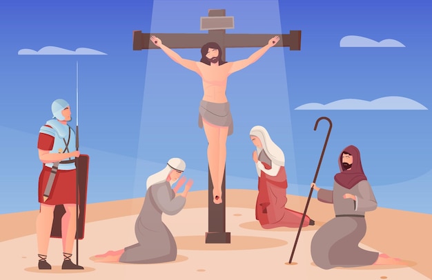 Jésus-christ crucifié sur la croix et les gens à genoux autour de lui illustration plate