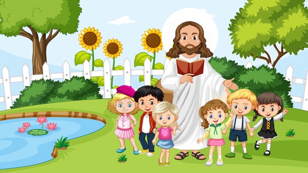 Jésus avec des enfants dans le parc