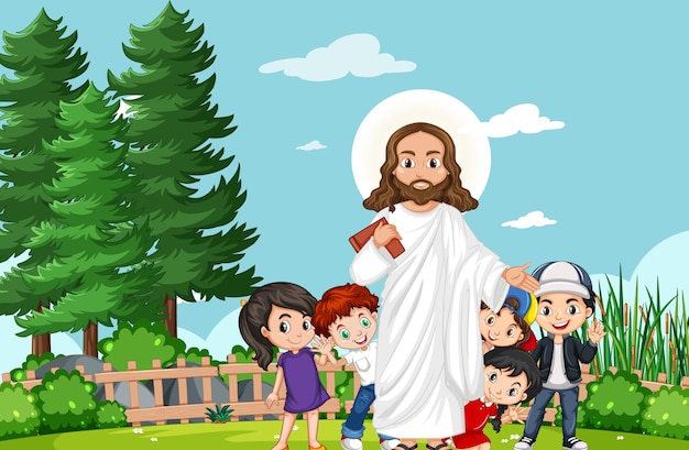 Vecteur gratuit jésus avec des enfants dans le parc