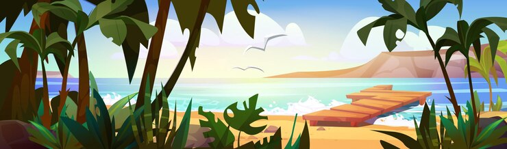 Vecteur gratuit une jetée tropicale entourée de palmiers