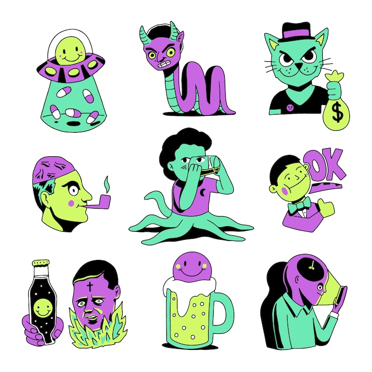 Vecteur gratuit jeu d'autocollant drôle de couleurs acides dessinées à la main