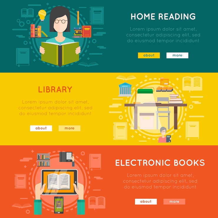 Vecteur gratuit jeu de bannière de bibliothèque