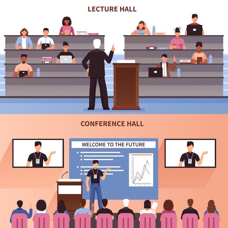 Vecteur gratuit jeu de bannières conférence et salle de conférence