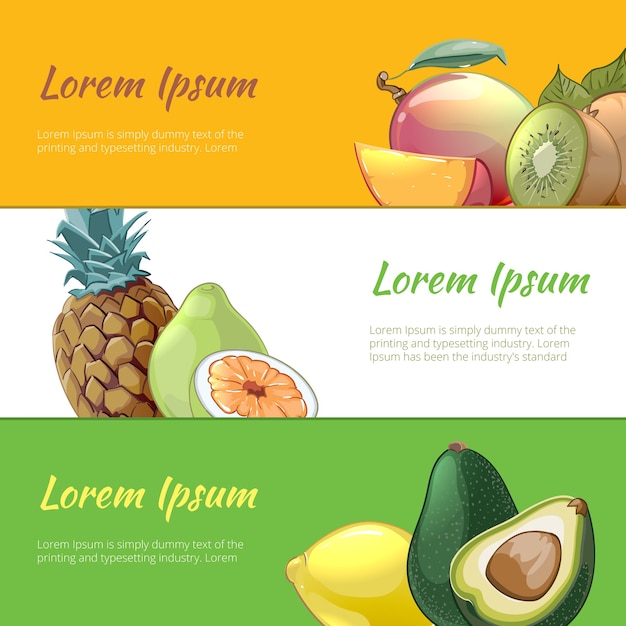 Vecteur gratuit jeu de bannières de fruits juteux. vitamine naturelle douce, poire ananas et dessert bio