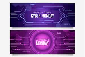 Vecteur gratuit jeu de bannières horizontales dégradé futuriste cyber lundi