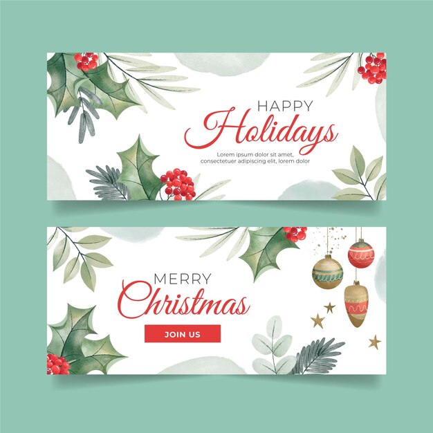 Jeu de bannières horizontales de Noël aquarelle
