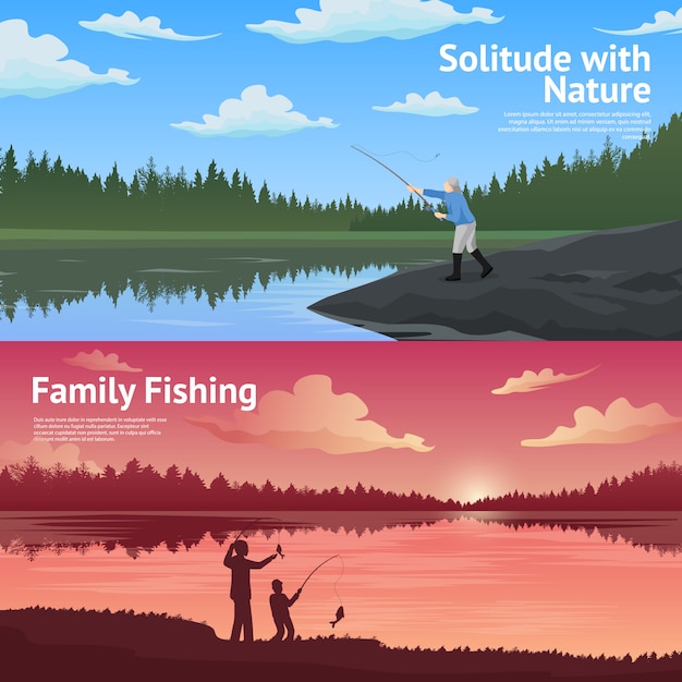 Jeu de bannières horizontales de pêche familiale