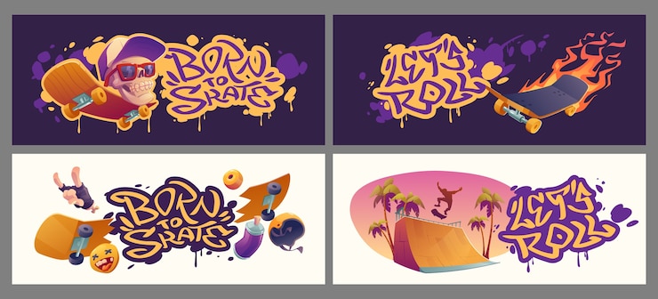 Vecteur gratuit jeu de bannières horizontales de skateboard de dessin animé